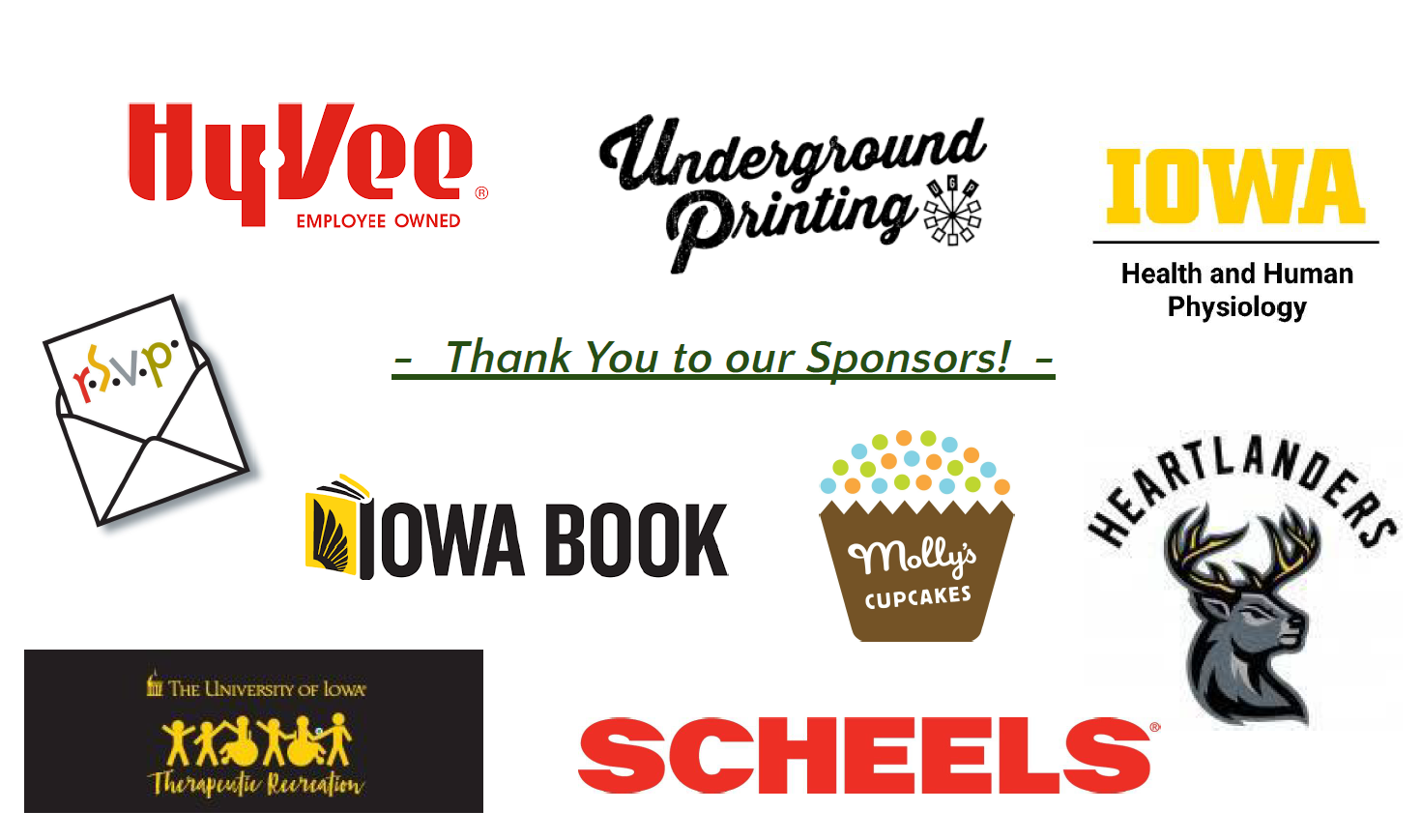 Thank you image to Hawkathlon sponsors: HyVee, Underground Printing, RSVP, Department of HHP, Iowa Book, Molly's Cupcakes, Iowa Heartlanders, Scheels, and UI Therapeutic Recreation